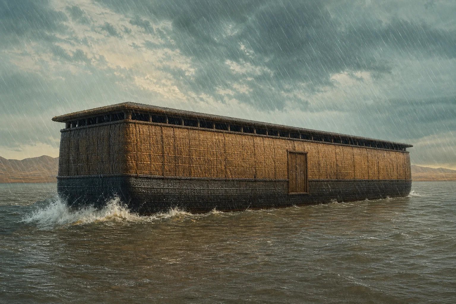 Reconstruction: an immense rectangular reed-and-bitumen barge, deep-hulled and flat-roofed, riding open water under heavy rain