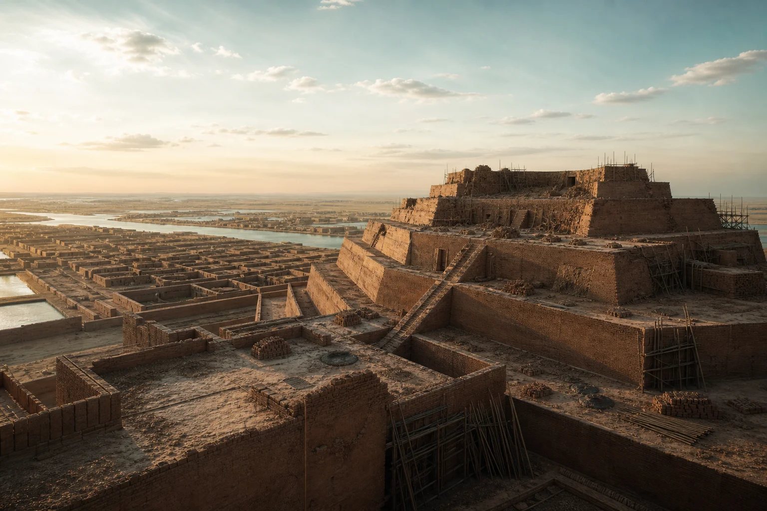 Reconstruction: a colossal unfinished mudbrick temple terrace rising from a flat alluvial city, ramps and bitumen pools on its construction stages