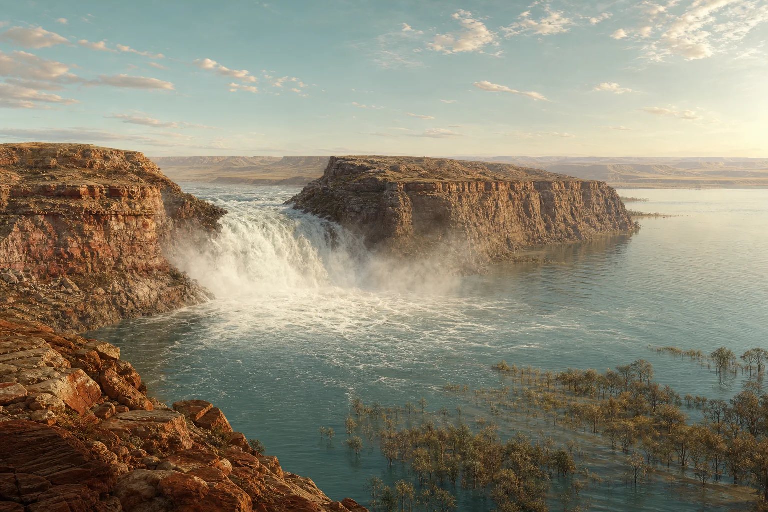 Reconstruction: seawater pouring through a rocky strait into a great lake basin below, drowned forests at the risen shoreline