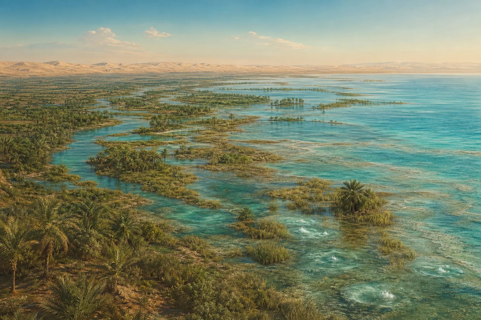 Reconstruction: a turquoise sea advancing in shallow sheets over a green river-oasis plain, drowned palm groves standing in the water