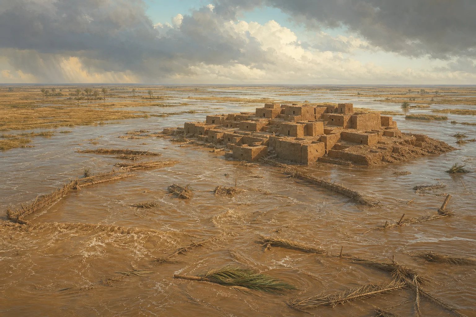 Reconstruction: a Mesopotamian river in flood spreading over fields, a mudbrick town on a mound just above the brown water