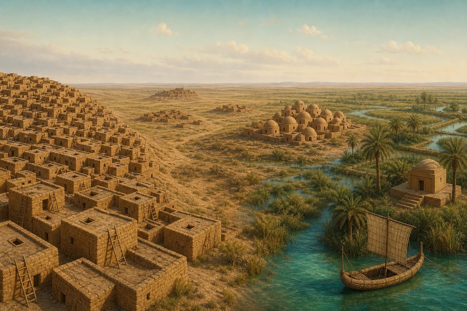Panoramic reconstruction: from the Çatalhöyük honeycomb town across the steppe villages and tholoi to the marsh shrine and the first sailing boat