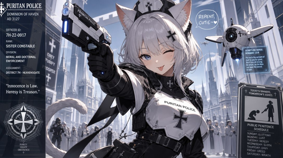Anime-style tract art: a white-haired catgirl officer of the Puritan Police, Dominion of Haven, AD 3127 — Sister Constable, Moral and Doctrinal Enforcement — winking and aiming a sidearm, with a scripture-quoting patrol drone, a Public Penitence Schedule, and the motto 'Innocence is Law. Heresy is Treason.'